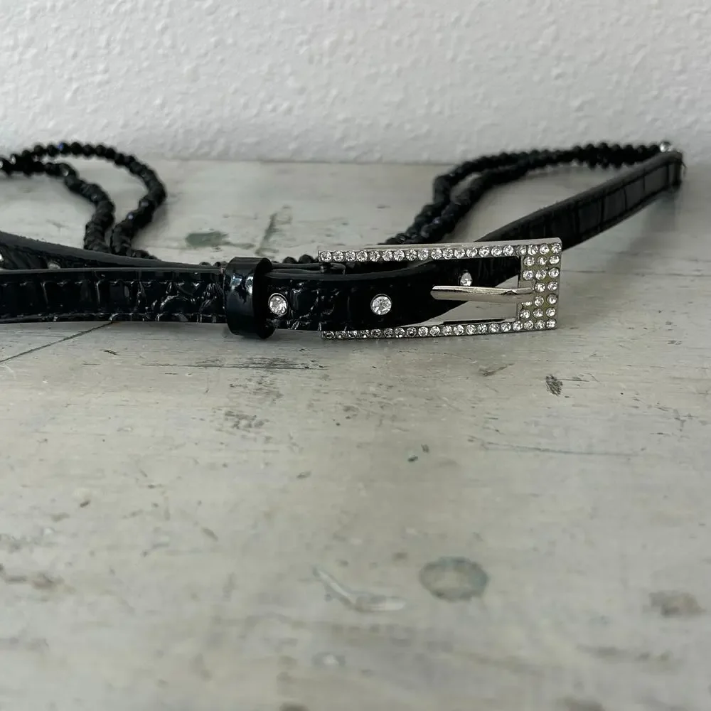 Vintage Black Beaded & Croc Embossed leather Skinny Belt fairy western glam 34